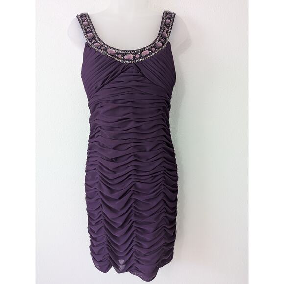 Vtg 90s Cache Size 8 Purple Bodycon Beaded Ruched Cocktail Dress Prom‎ Event New - Picture 1 of 9